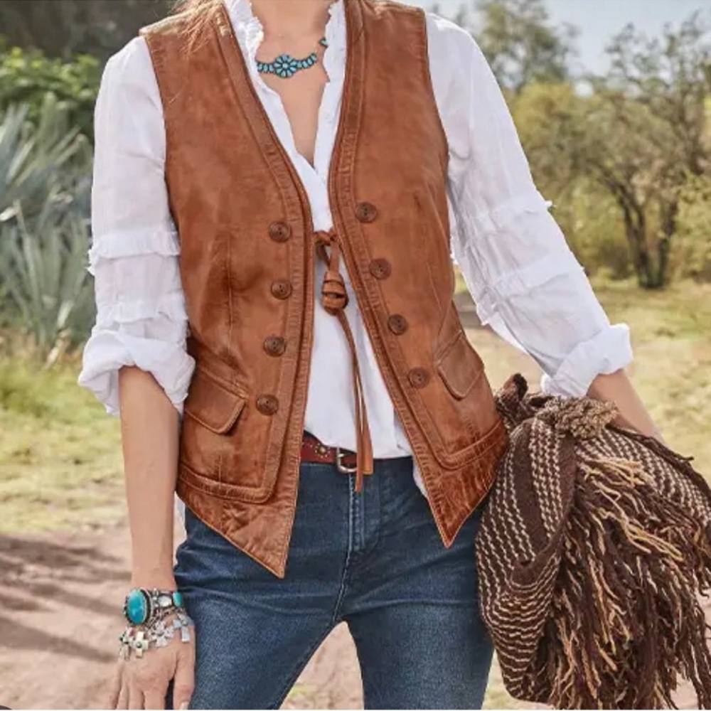 Sundance Rustic Brown Leather Button Front Vest